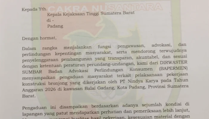 BAPERMEN Laporkan Dugaan Ketidaksesuaian Proyek Bronjong Balai Gadang ke Kejati Sumbar