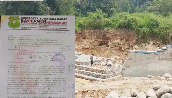 BAPERMEN Sumbar Kirim Surat Kedua, Soroti Dugaan Ketidaksesuaian Spek Proyek Rehabilitasi Bendung Sei Latung